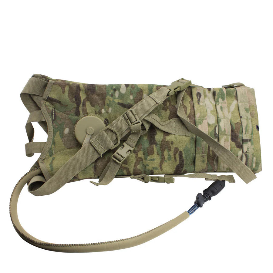 Multicam M.O.L.L.E. 3-Liter Backstrap Hydration System designed for military use, featuring adjustable straps and hydration tube.